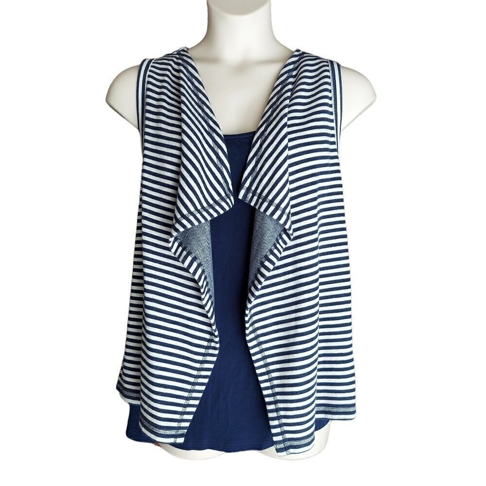 CJ Banks Women's Navy Blue & White Striped Cascading Open Front Vest